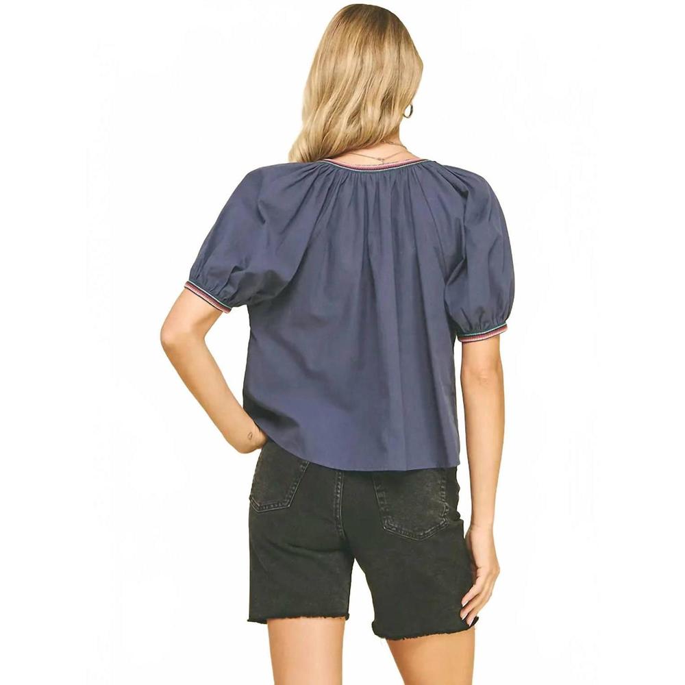 NEW PINCH contrast stitch v-neck top in navy blue - Picture 3 of 3